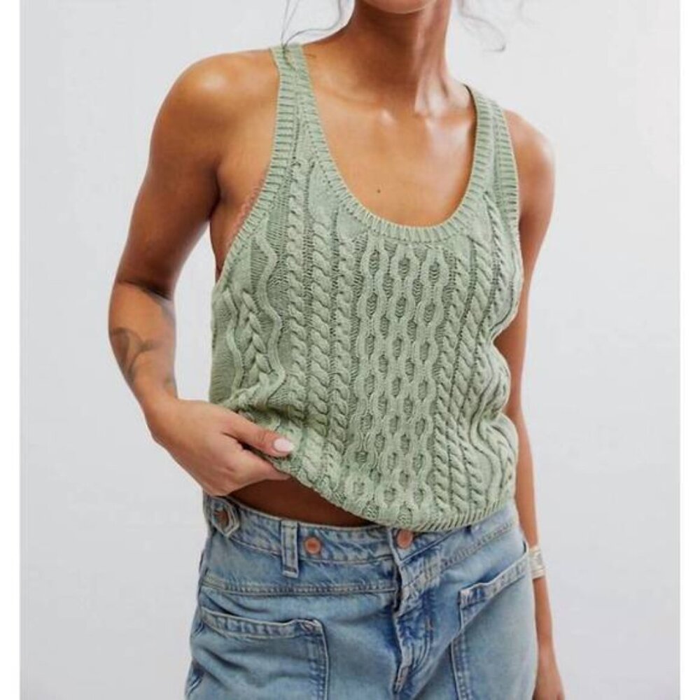 NEW Free People High Tide  100% Cotton Cable Tank top in Green Tea